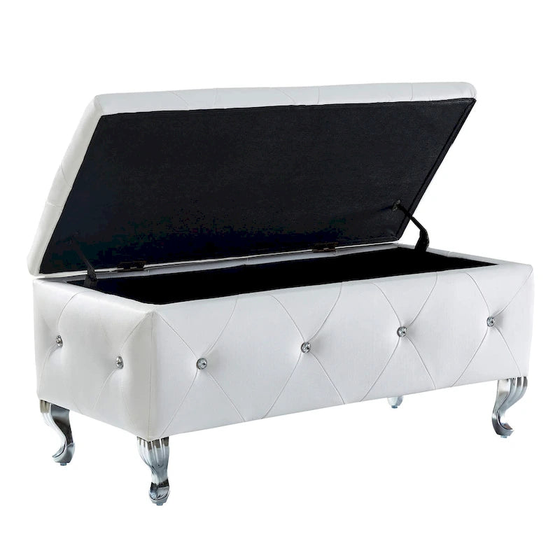 Upholstered Storage Ottoman Bench For Bedroom End Of Bed Faux Leather Rectangular Storage Benches Footrest With Crystal Buttons