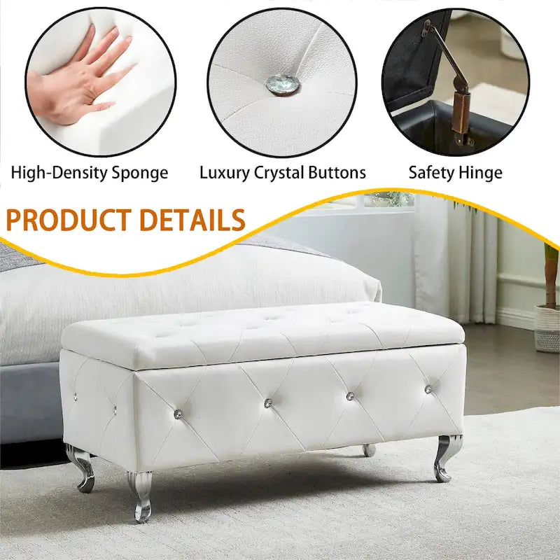 Upholstered Storage Ottoman Bench For Bedroom End Of Bed Faux Leather Rectangular Storage Benches Footrest With Crystal Buttons