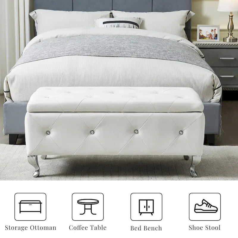 Upholstered Storage Ottoman Bench For Bedroom End Of Bed Faux Leather Rectangular Storage Benches Footrest With Crystal Buttons