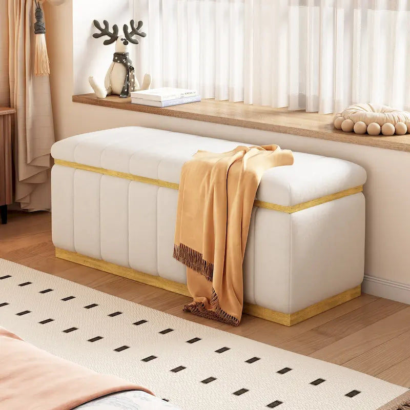 Linen Fabric Upholstered Solid wood frame Bench with Large Storage Space for the Living Room,Entryway and Bedroom