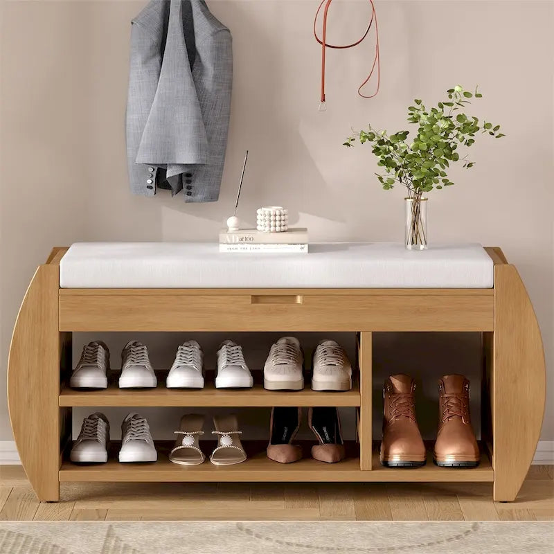 Retro Wood Storage Bench with Seat Cushion, Curved Shoe Rack for Entryway Hallway Antique