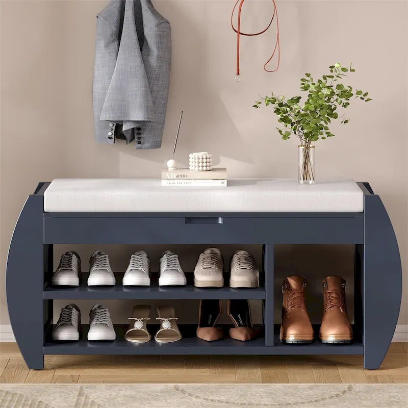 Retro Wood Storage Bench with Seat Cushion, Curved Shoe Rack for Entryway Hallway Antique