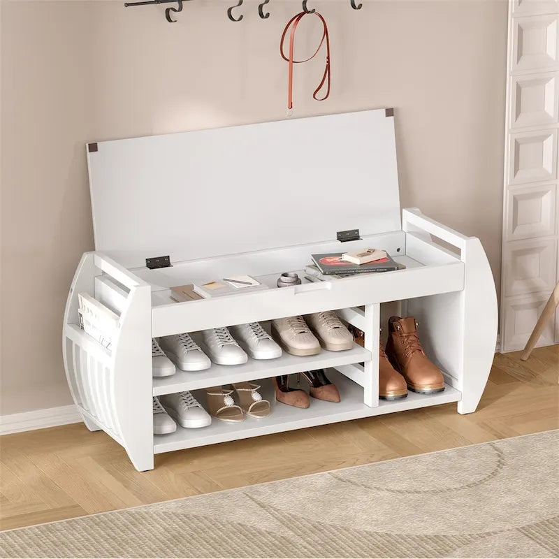 Retro Wood Storage Bench with Seat Cushion, Curved Shoe Rack for Entryway Hallway Antique