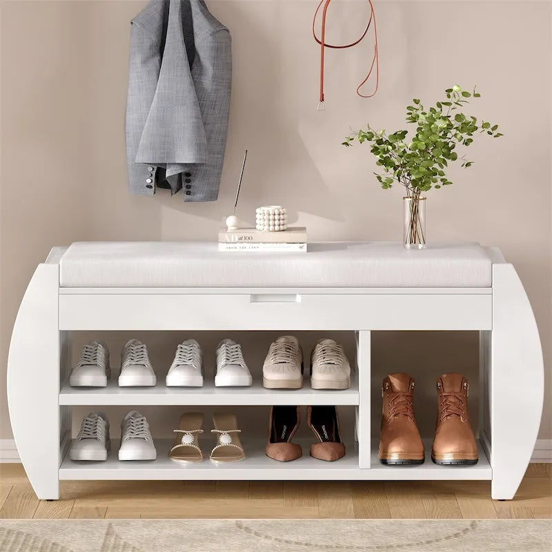 Retro Wood Storage Bench with Seat Cushion, Curved Shoe Rack for Entryway Hallway Antique