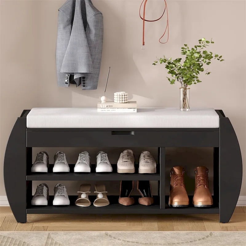 Retro Wood Storage Bench with Seat Cushion, Curved Shoe Rack for Entryway Hallway Antique