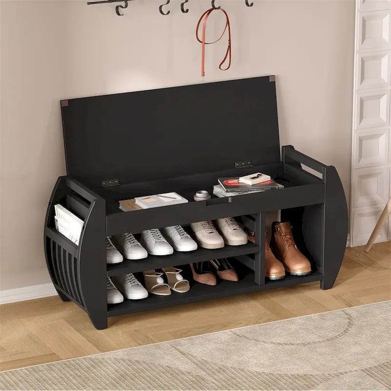 Retro Wood Storage Bench with Seat Cushion, Curved Shoe Rack for Entryway Hallway Antique