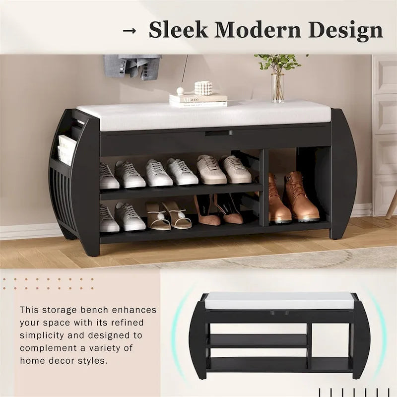 Retro Wood Storage Bench with Seat Cushion, Curved Shoe Rack for Entryway Hallway Antique