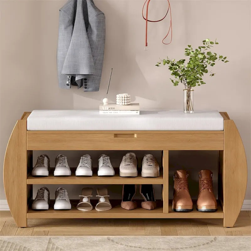 Retro Wood Storage Bench with Seat Cushion, Curved Shoe Rack for Entryway Hallway Antique