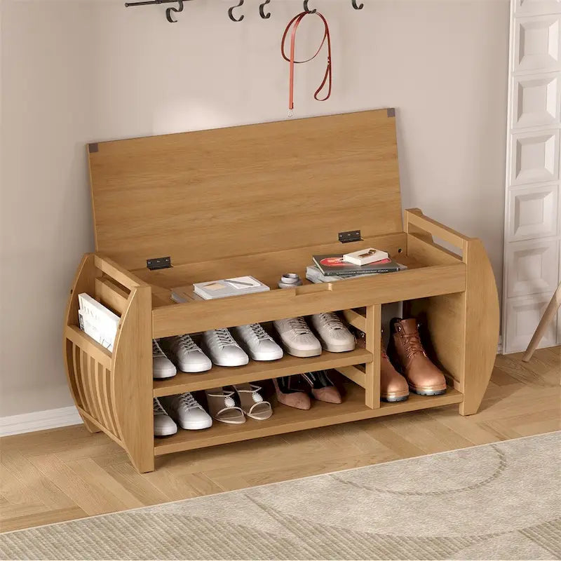 Retro Wood Storage Bench with Seat Cushion, Curved Shoe Rack for Entryway Hallway Antique