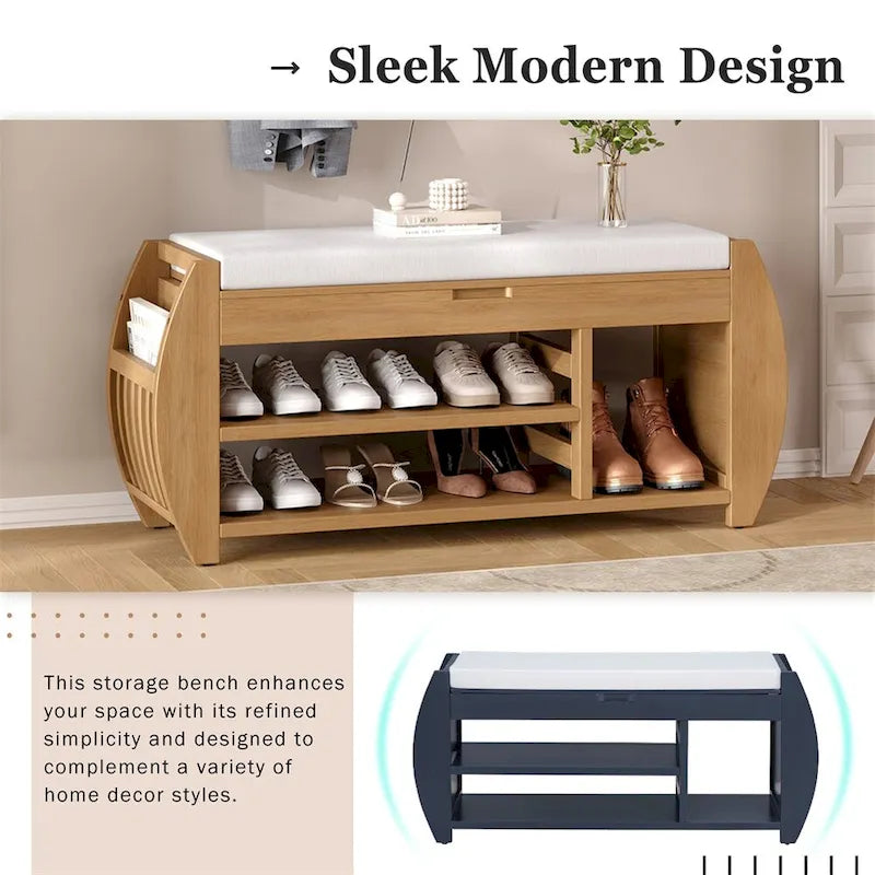 Retro Wood Storage Bench with Seat Cushion, Curved Shoe Rack for Entryway Hallway Antique