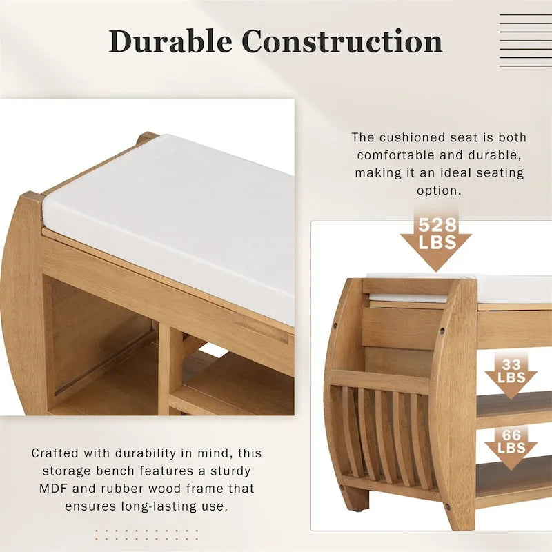 Retro Wood Storage Bench with Seat Cushion, Curved Shoe Rack for Entryway Hallway Antique