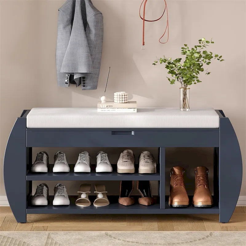 Retro Wood Storage Bench with Seat Cushion, Curved Shoe Rack for Entryway Hallway Antique