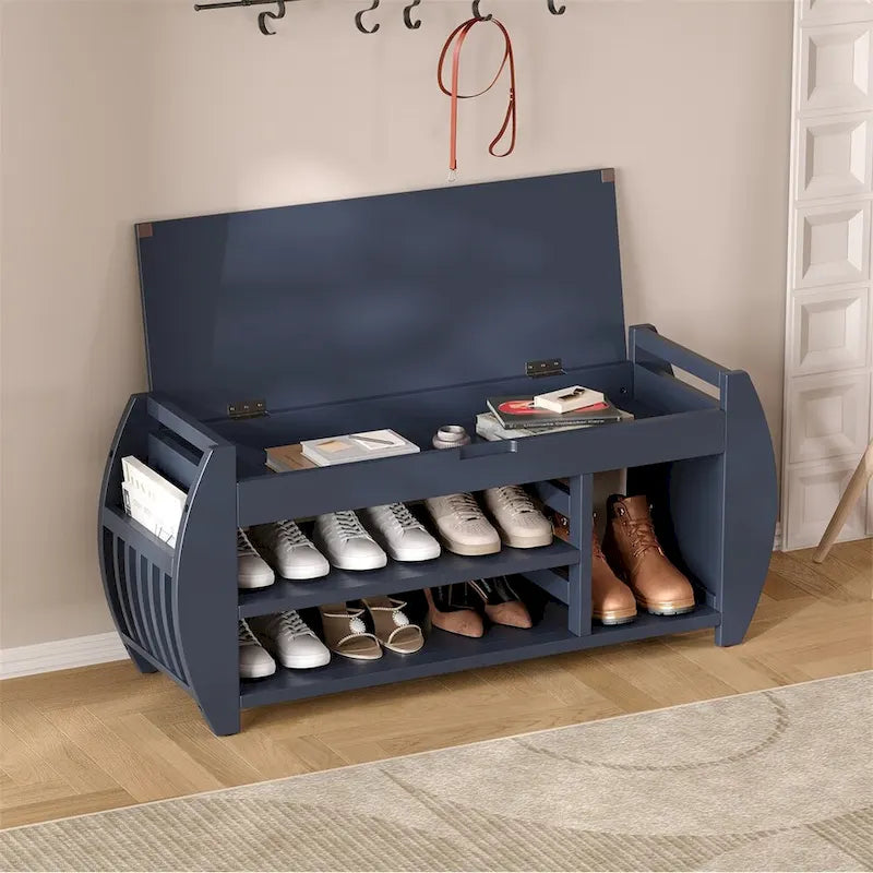 Retro Wood Storage Bench with Seat Cushion, Curved Shoe Rack for Entryway Hallway Antique