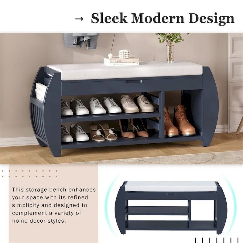 Retro Wood Storage Bench with Seat Cushion, Curved Shoe Rack for Entryway Hallway Antique