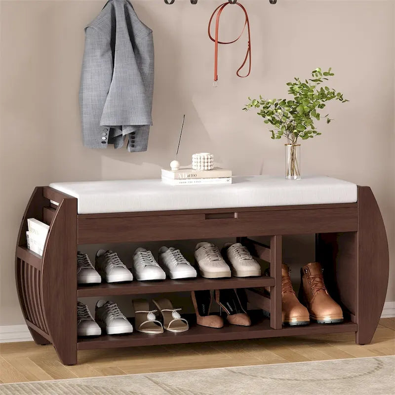 Retro Wood Storage Bench with Seat Cushion, Curved Shoe Rack for Entryway Hallway Antique