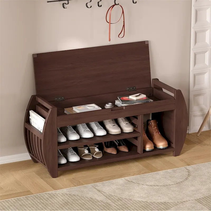 Retro Wood Storage Bench with Seat Cushion, Curved Shoe Rack for Entryway Hallway Antique