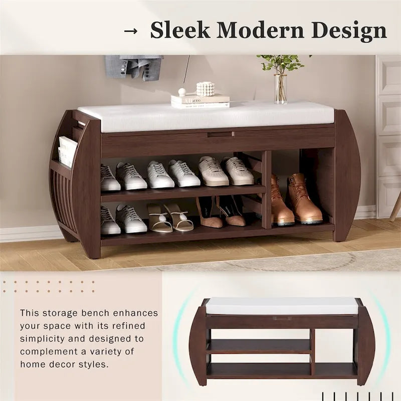 Retro Wood Storage Bench with Seat Cushion, Curved Shoe Rack for Entryway Hallway Antique