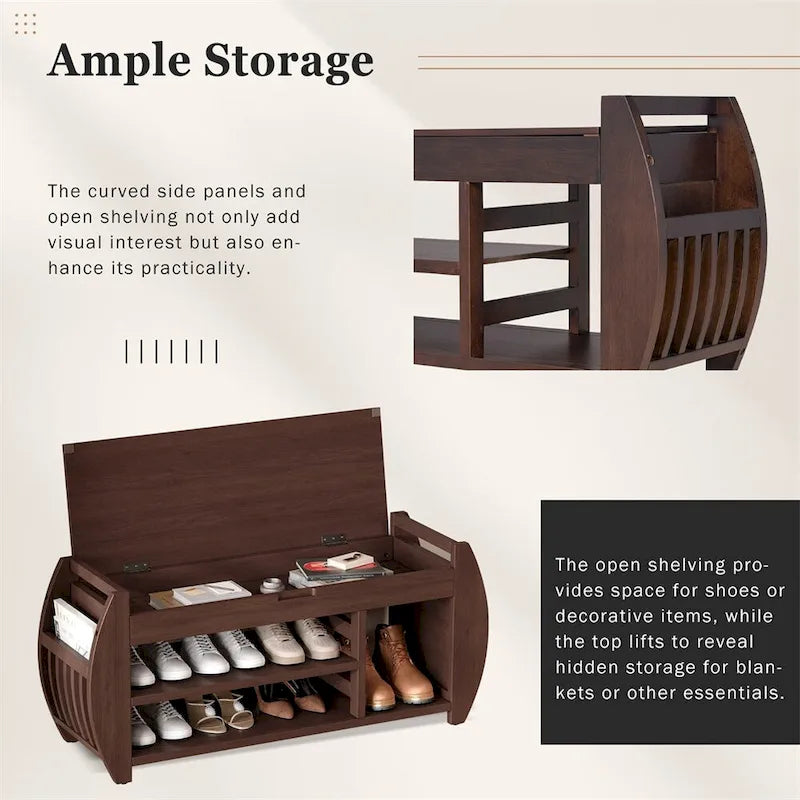 Retro Wood Storage Bench with Seat Cushion, Curved Shoe Rack for Entryway Hallway Antique