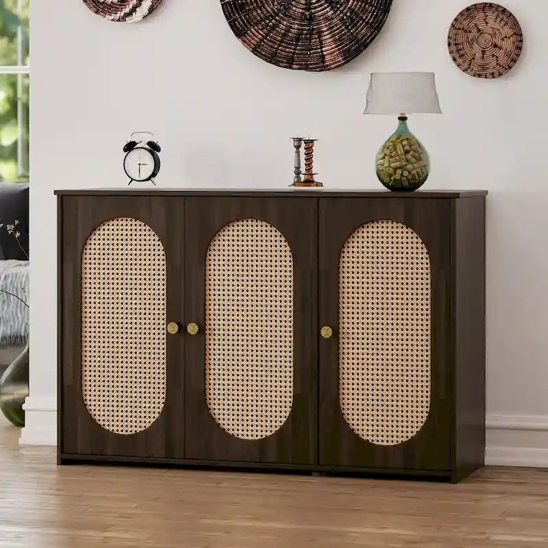 Retro 3-Door Sideboard with Artificial Rattan Doors, Metal Handles & Large Storage Space