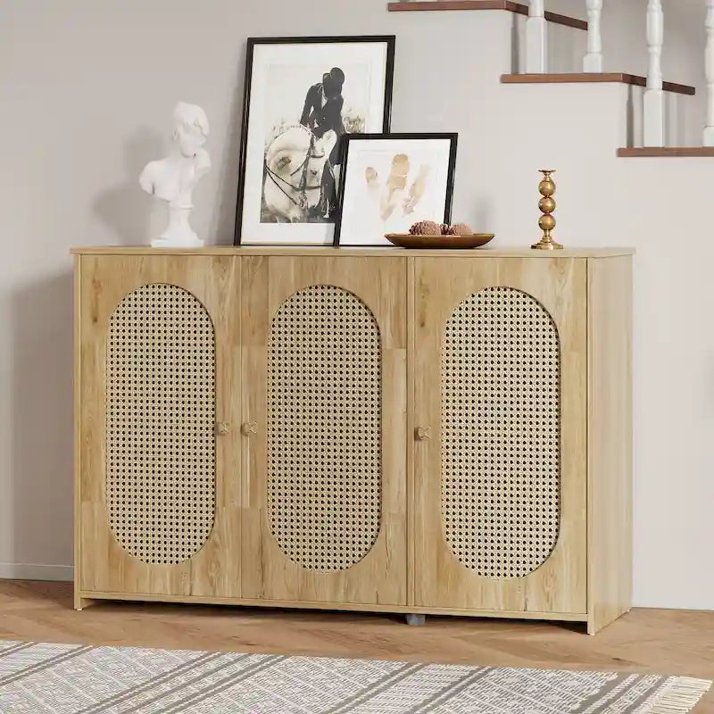 Retro 3-Door Sideboard with Artificial Rattan Doors, Metal Handles & Large Storage Space