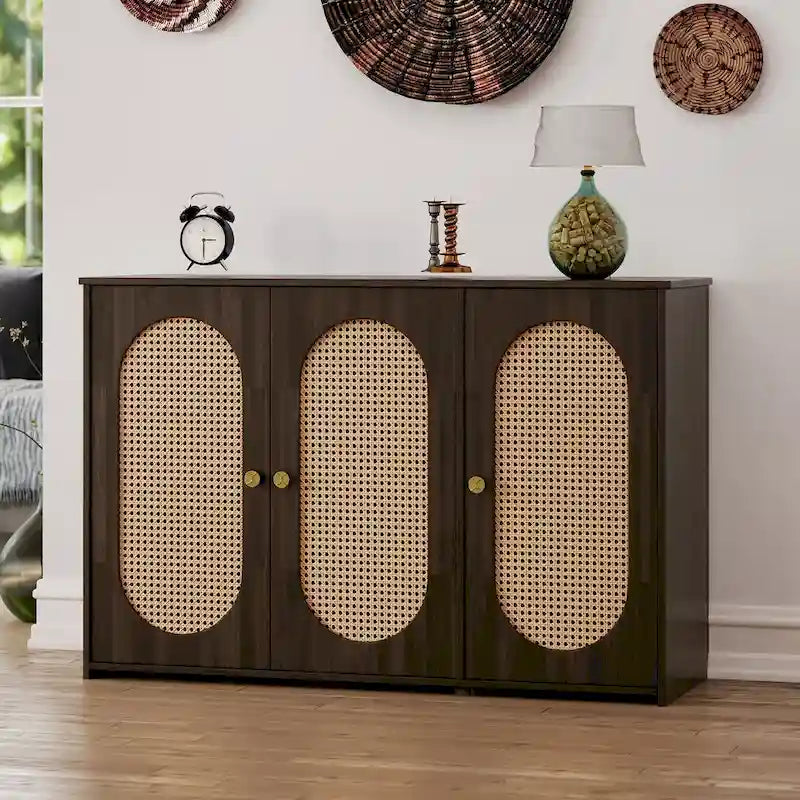 Retro 3-Door Sideboard with Artificial Rattan Doors, Metal Handles & Large Storage Space