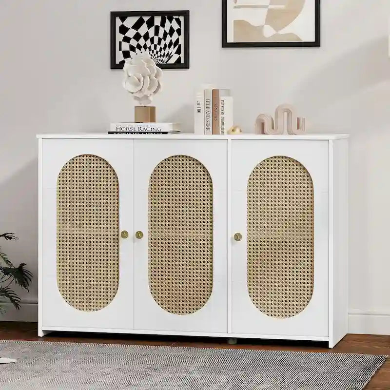 Retro 3-Door Sideboard with Artificial Rattan Doors, Metal Handles & Large Storage Space