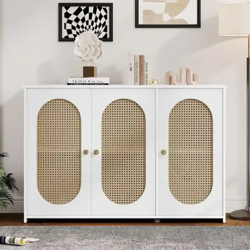 Retro 3-Door Sideboard with Artificial Rattan Doors, Metal Handles & Large Storage Space
