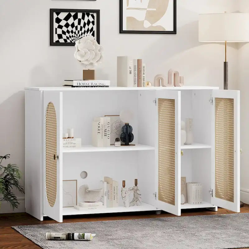 Retro 3-Door Sideboard with Artificial Rattan Doors, Metal Handles & Large Storage Space