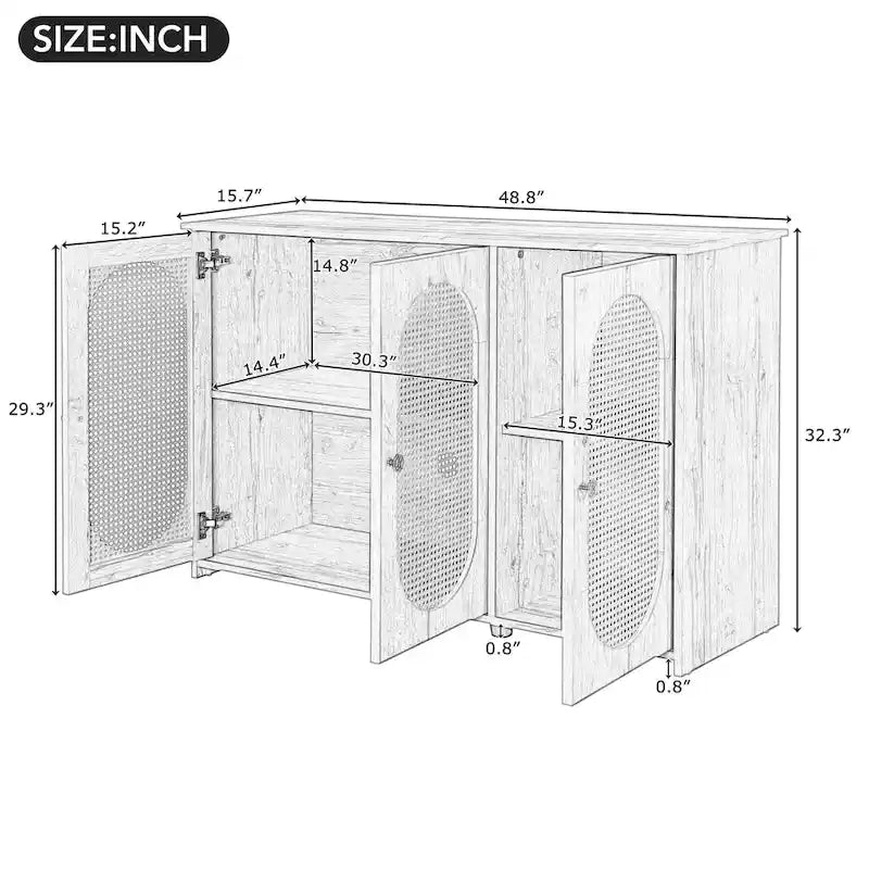 Retro 3-Door Sideboard with Artificial Rattan Doors, Metal Handles & Large Storage Space