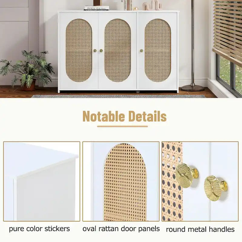 Retro 3-Door Sideboard with Artificial Rattan Doors, Metal Handles & Large Storage Space