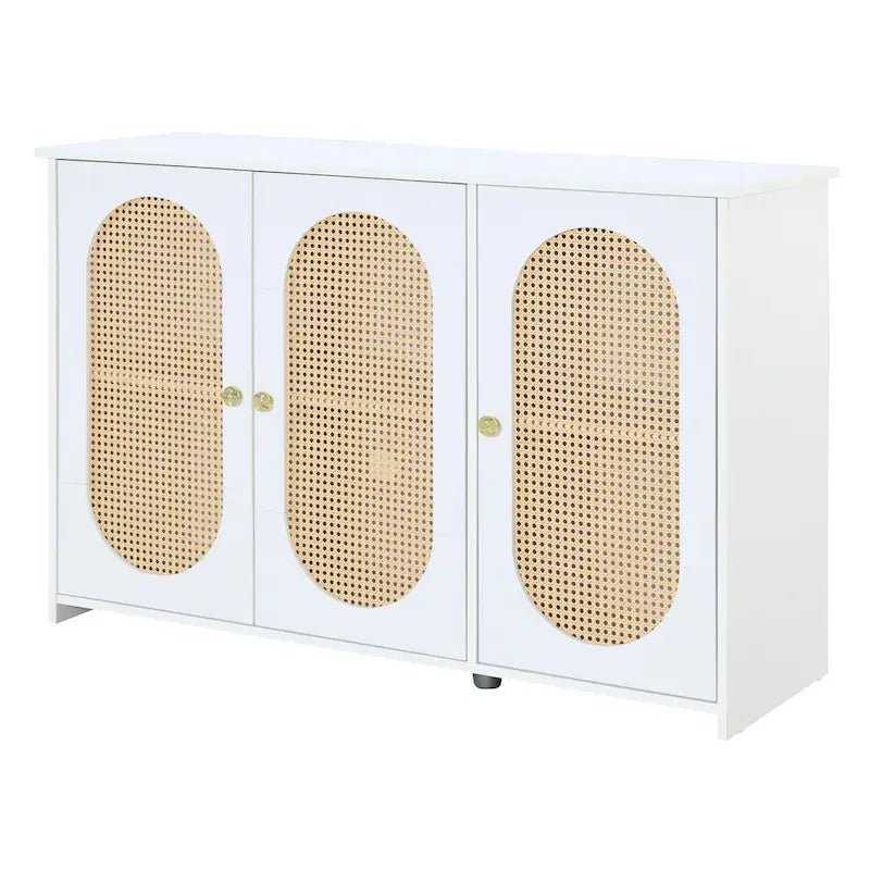 Retro 3-Door Sideboard with Artificial Rattan Doors, Metal Handles & Large Storage Space