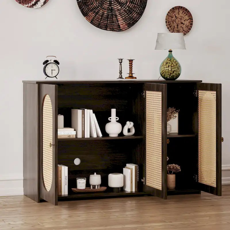 Retro 3-Door Sideboard with Artificial Rattan Doors, Metal Handles & Large Storage Space