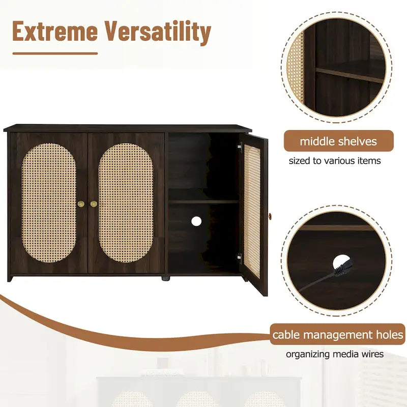 Retro 3-Door Sideboard with Artificial Rattan Doors, Metal Handles & Large Storage Space