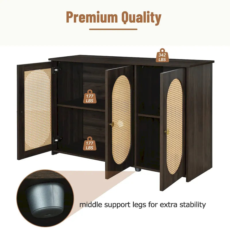 Retro 3-Door Sideboard with Artificial Rattan Doors, Metal Handles & Large Storage Space