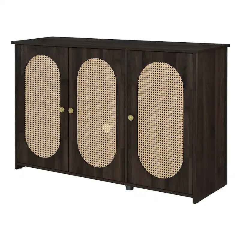 Retro 3-Door Sideboard with Artificial Rattan Doors, Metal Handles & Large Storage Space