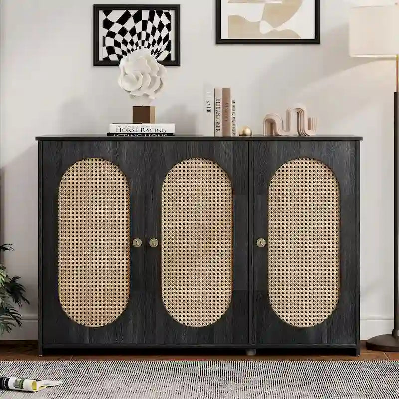 Retro 3-Door Sideboard with Artificial Rattan Doors, Metal Handles & Large Storage Space