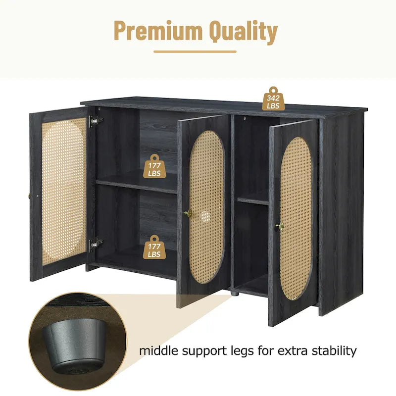 Retro 3-Door Sideboard with Artificial Rattan Doors, Metal Handles & Large Storage Space