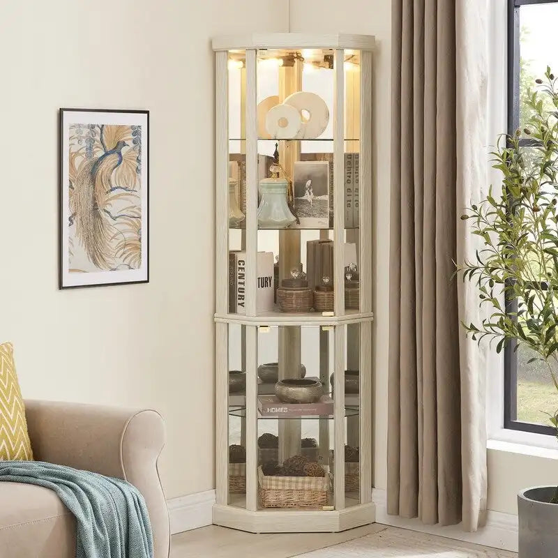 Illuminated Corner Cabinet  Elegant Display for Collectibles, Wine & Glassware  Built-In Lighting