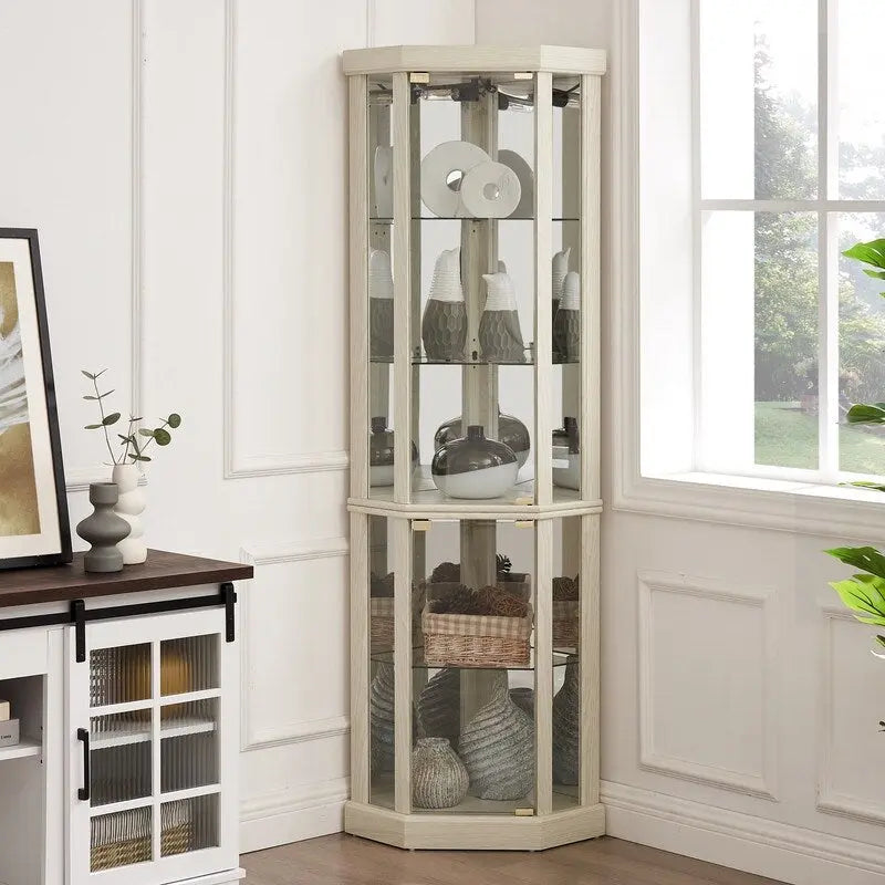 Illuminated Corner Cabinet  Elegant Display for Collectibles, Wine & Glassware  Built-In Lighting