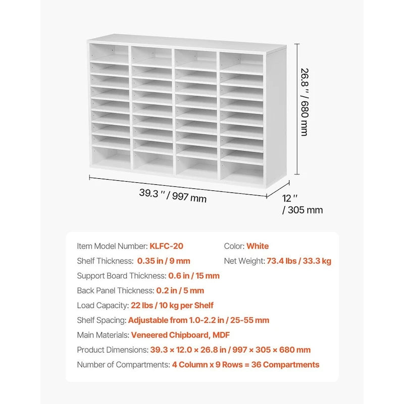 Office Mailbox Literature Organizers with 36 Compartments and Adjustable Shelves