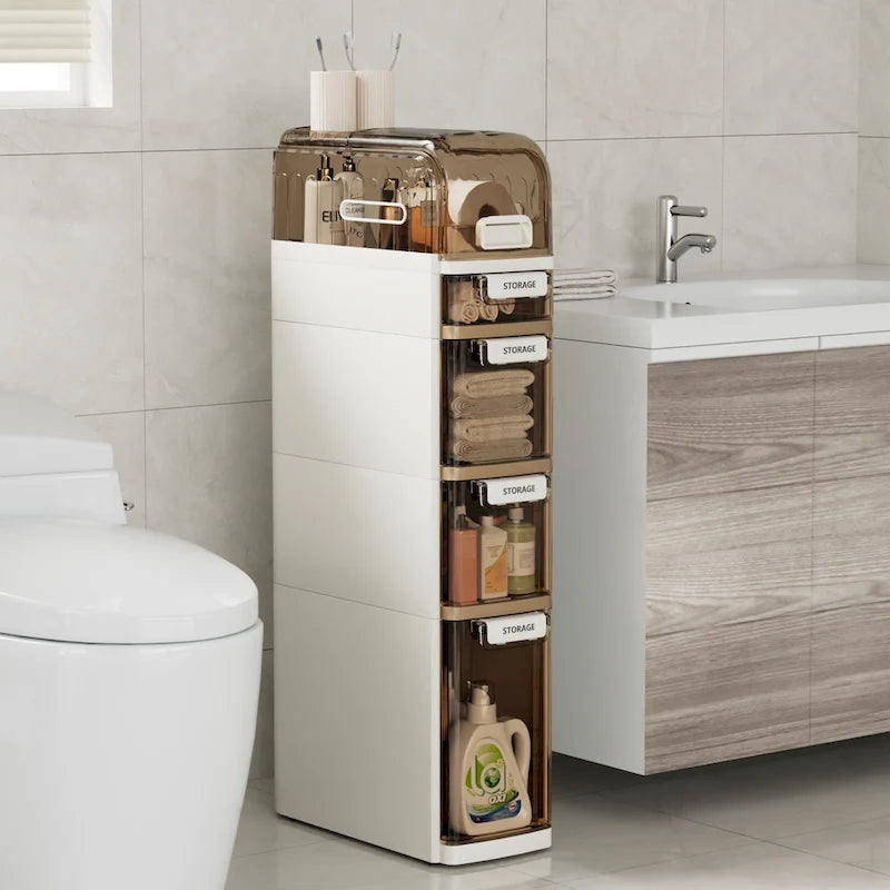 VECELO 5-Tiers Slim Bathroom Storage Cabinet, Narrow Bathroom Storage Organizer Movable for Small Spaces