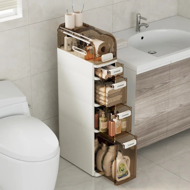 VECELO 5-Tiers Slim Bathroom Storage Cabinet, Narrow Bathroom Storage Organizer Movable for Small Spaces