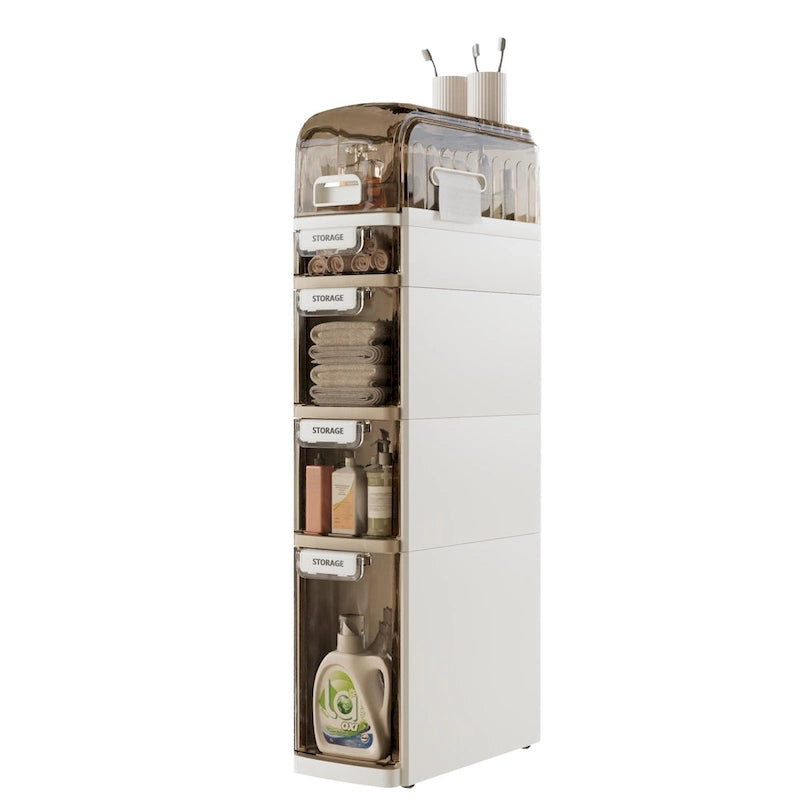 VECELO 5-Tiers Slim Bathroom Storage Cabinet, Narrow Bathroom Storage Organizer Movable for Small Spaces