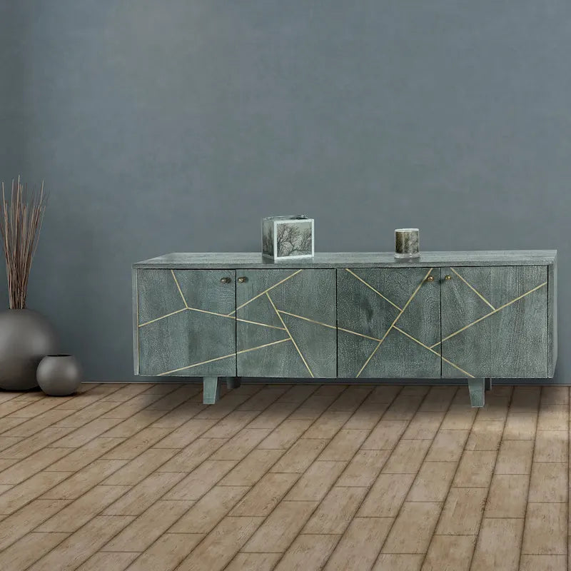 Dane River of Goods Grey and Gold-Colored Wood Cabinet with Metal Hardware - 54 x 13 x 20