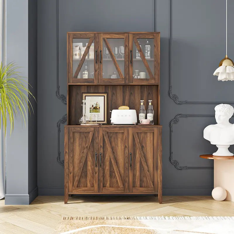 Large Kitchen Pantry Storage Cabinet with Glass Doors, Drawers & Open Shelves, Freestanding Kitchen Cupboard Buffet Cabinet