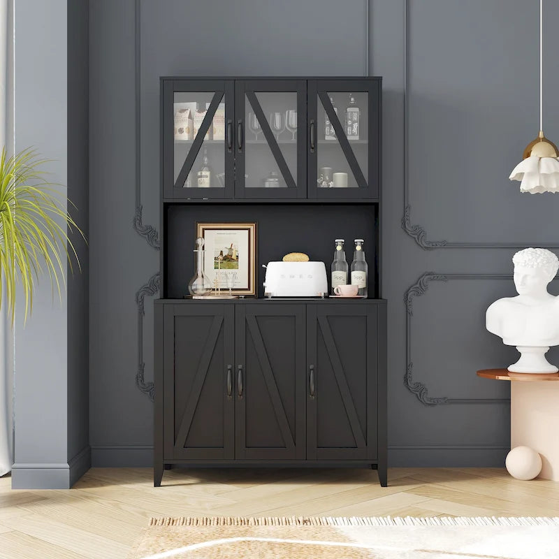 Large Kitchen Pantry Storage Cabinet with Glass Doors, Drawers & Open Shelves, Freestanding Kitchen Cupboard Buffet Cabinet
