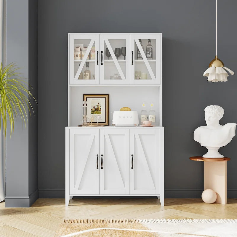Large Kitchen Pantry Storage Cabinet with Glass Doors, Drawers & Open Shelves, Freestanding Kitchen Cupboard Buffet Cabinet