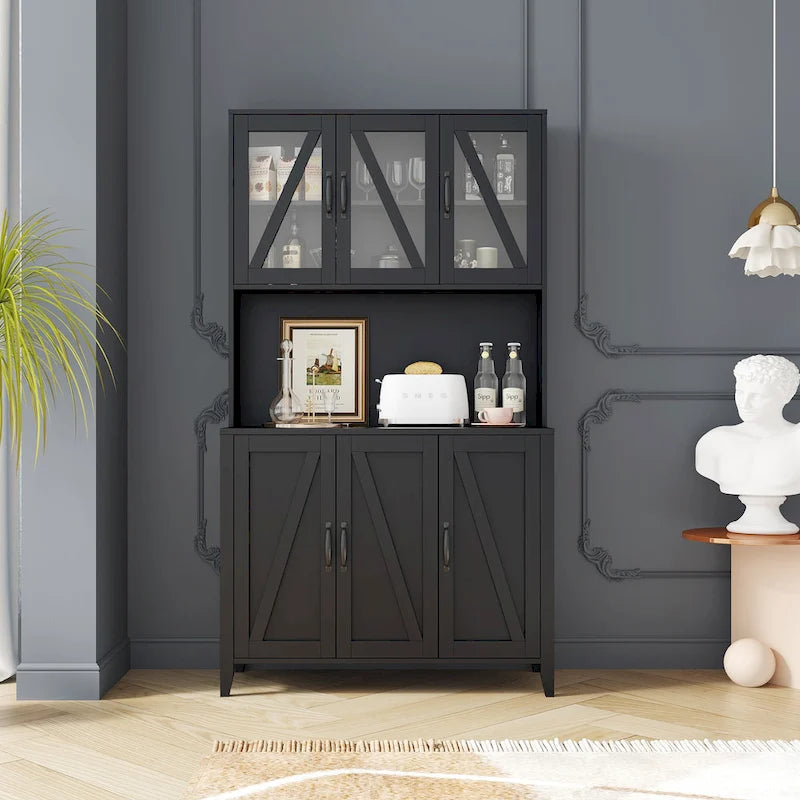 Large Kitchen Pantry Storage Cabinet with Glass Doors, Drawers & Open Shelves, Freestanding Kitchen Cupboard Buffet Cabinet