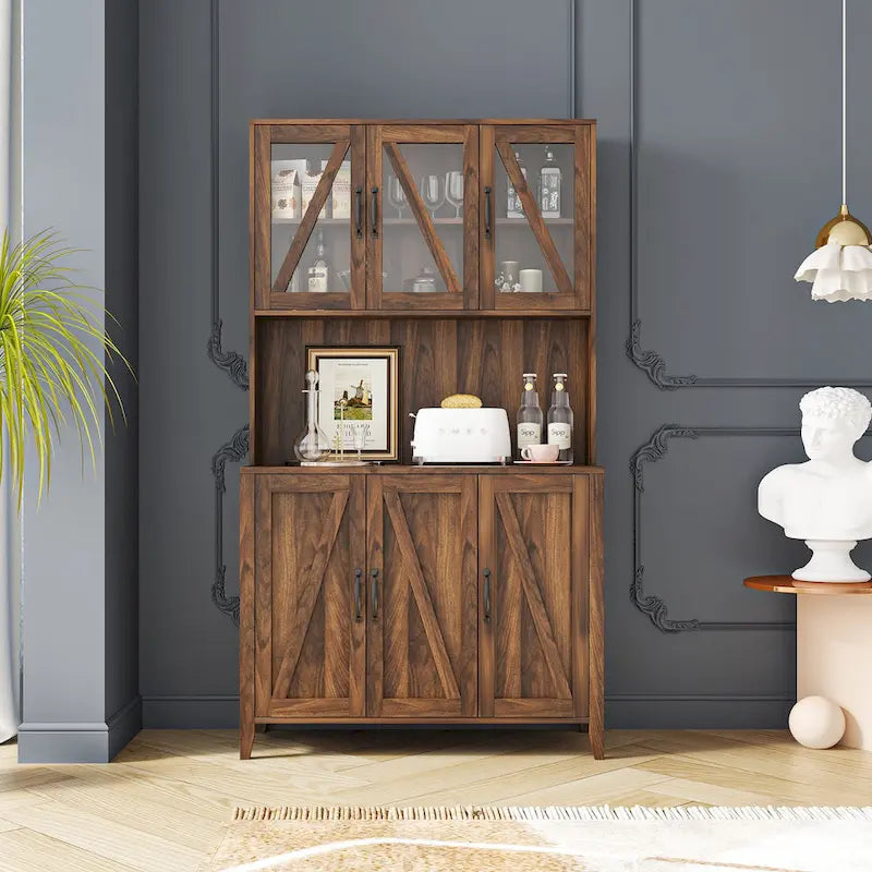 Large Kitchen Pantry Storage Cabinet with Glass Doors, Drawers & Open Shelves, Freestanding Kitchen Cupboard Buffet Cabinet