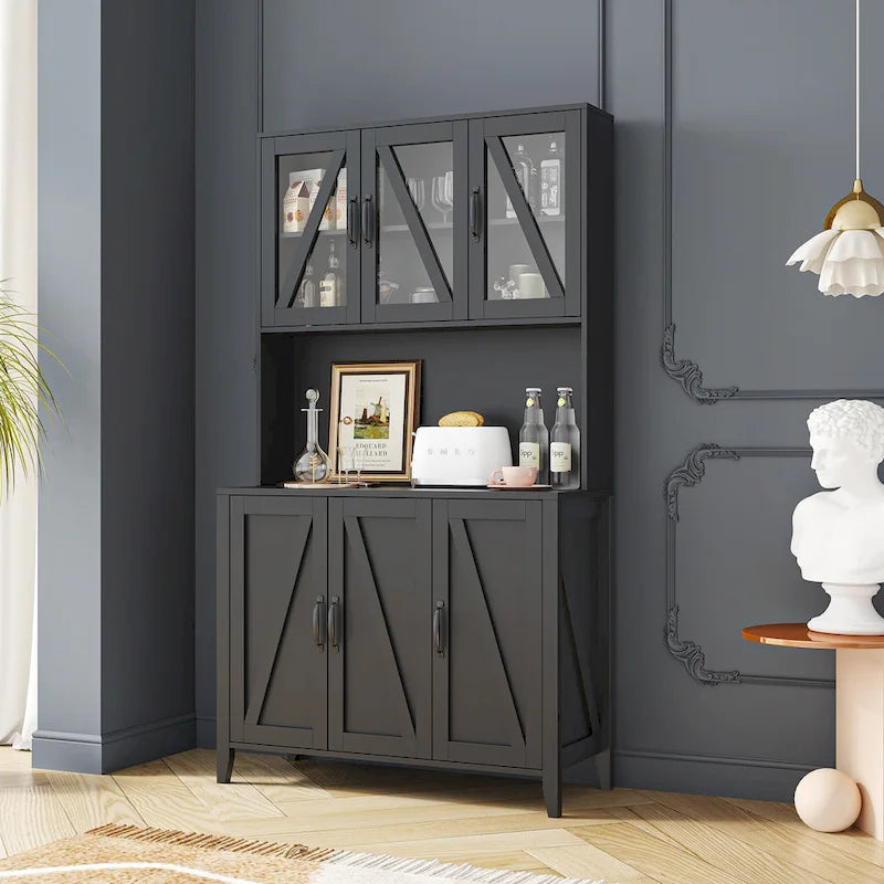Large Kitchen Pantry Storage Cabinet with Glass Doors, Drawers & Open Shelves, Freestanding Kitchen Cupboard Buffet Cabinet